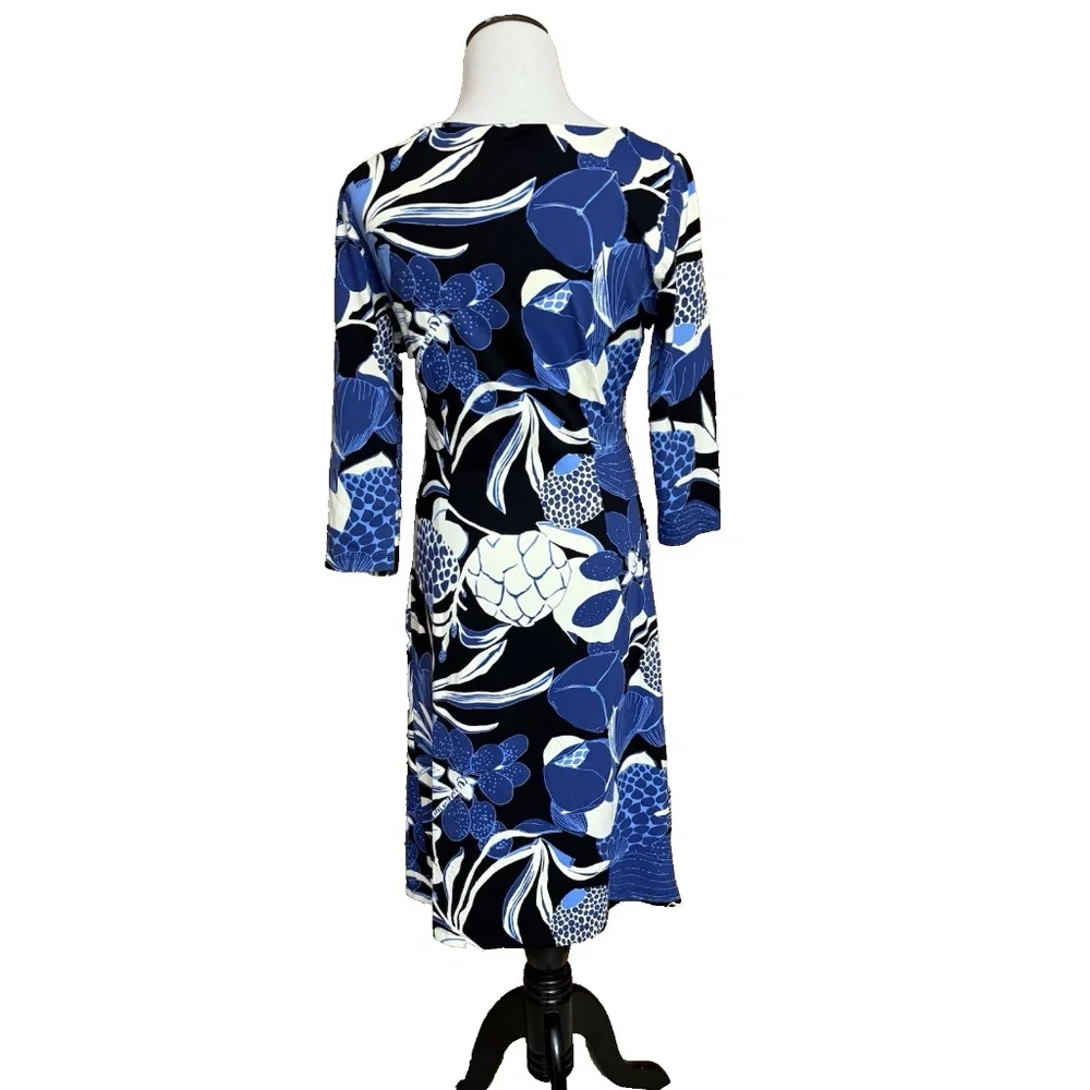 J McLaughlin Size S Blue Floral Catalina Cloth Ruched Sheath Dress 3/4 Sleeve - Picture 14 of 15